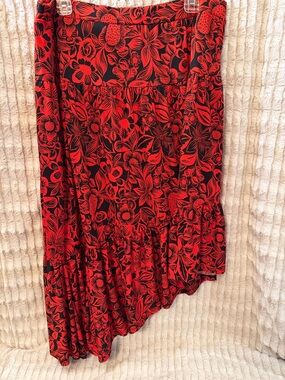 Cato Red and Black Floral Asymmetrical Skirt